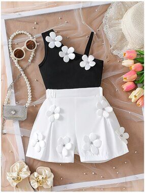 2pc Tank & Shorts Set Classic Black and White with Embellished 3D Flowers